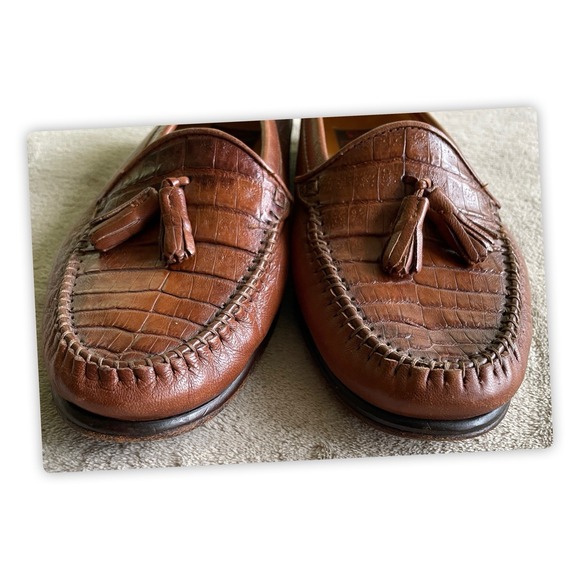 Vintage Rosina Ferragamo SCHIAVONE Brown Croc Embossed Tassel Loafers Men\'s 8D main image 4